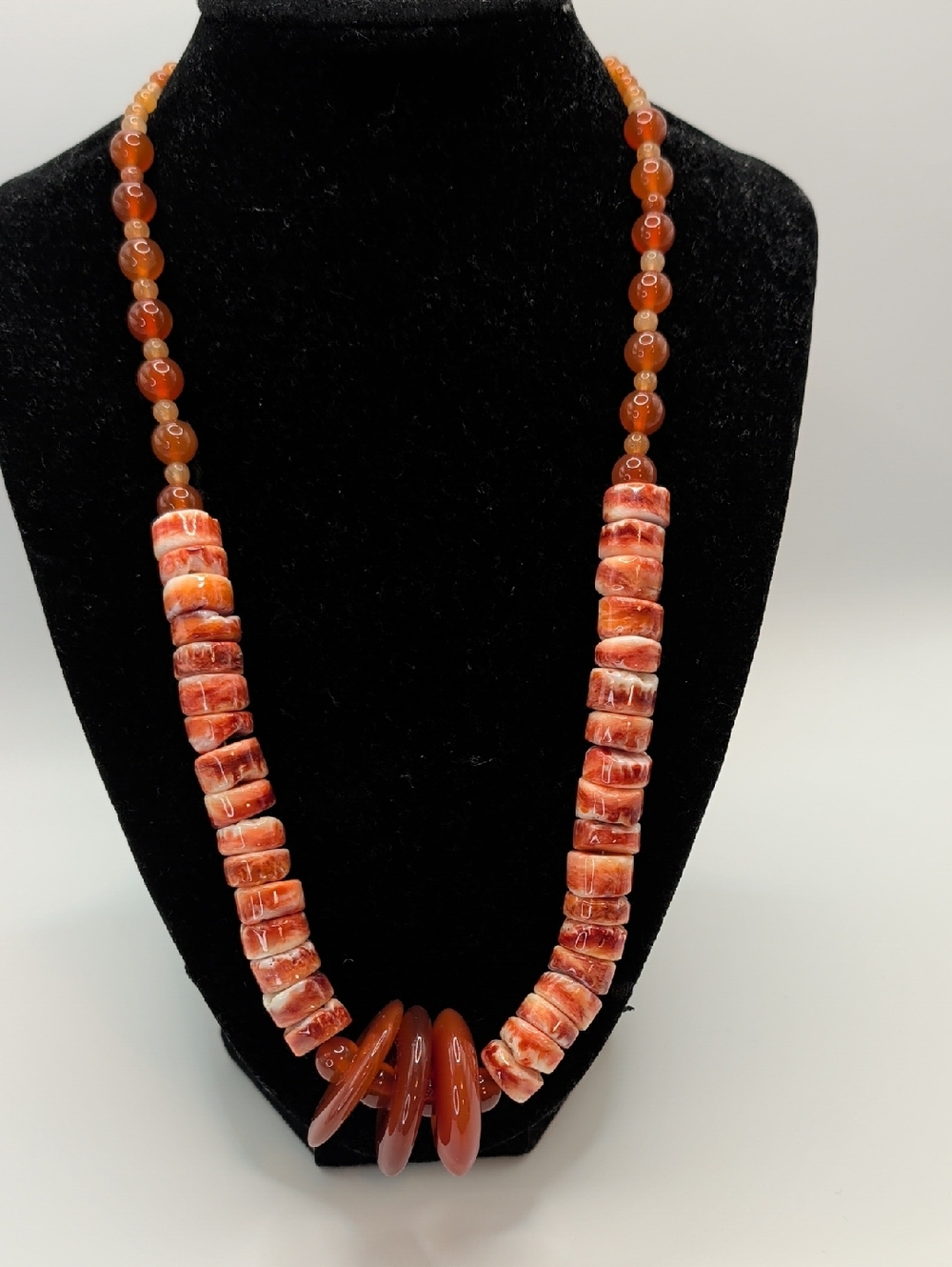 Carnelian and Spiny Oyster Bead Strand Necklace in Rich Orange on Silver Chain.
